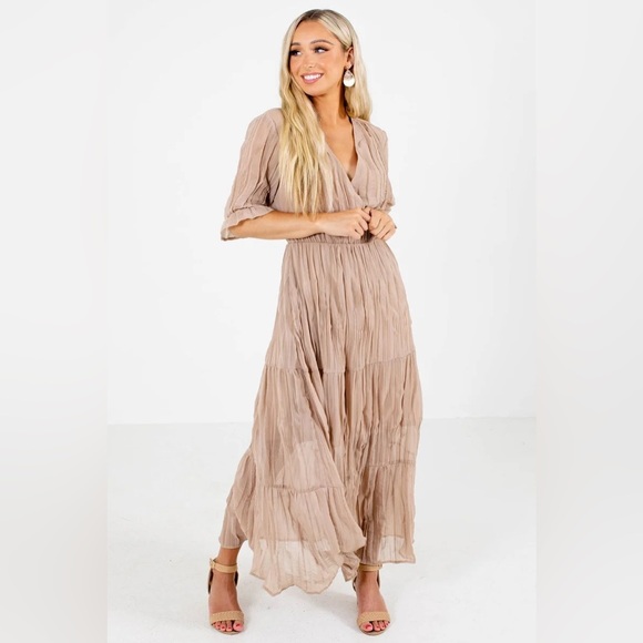 Bella Ella Boutique Dresses & Skirts - Women’s Taupe Maxi Dress - Elegant Tiered V-Neck